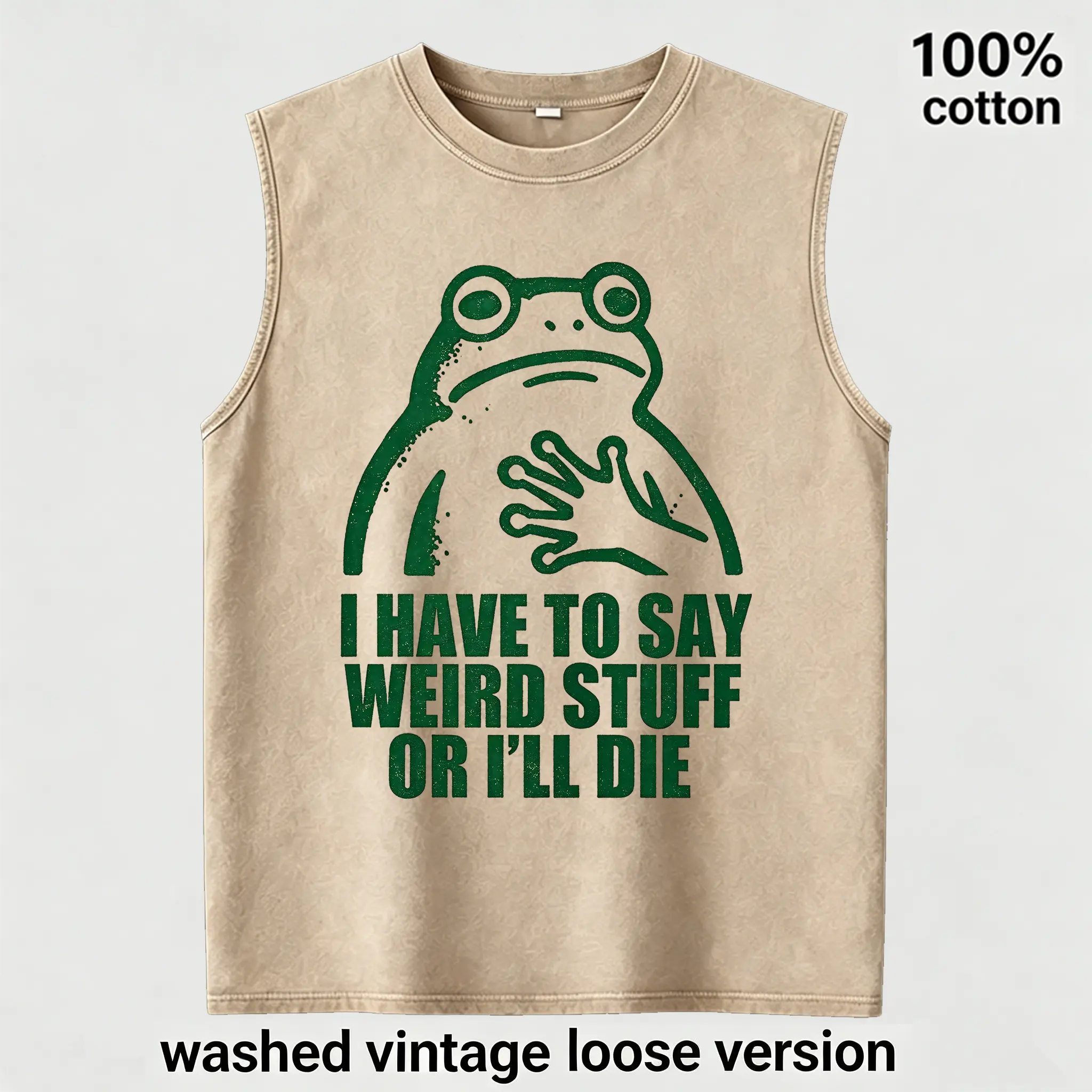 Vintage Washed Sleeveless Tank Top Distressed Frog Meme Graphic I Have To Say Weird Stuff Or I'll Die Funny Quote Loose Fit 100% Cotton Casual Streetwear Unisex Workout Summer Vest