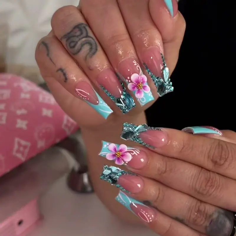 24pcs Ice Blue French Nail Wraps, Flower Blue Sparkle Long Trapezoid Nails, French Tips Nails, Includes Jelly Glue and File, Perfect for Parties and Office, Diy Fake Nails