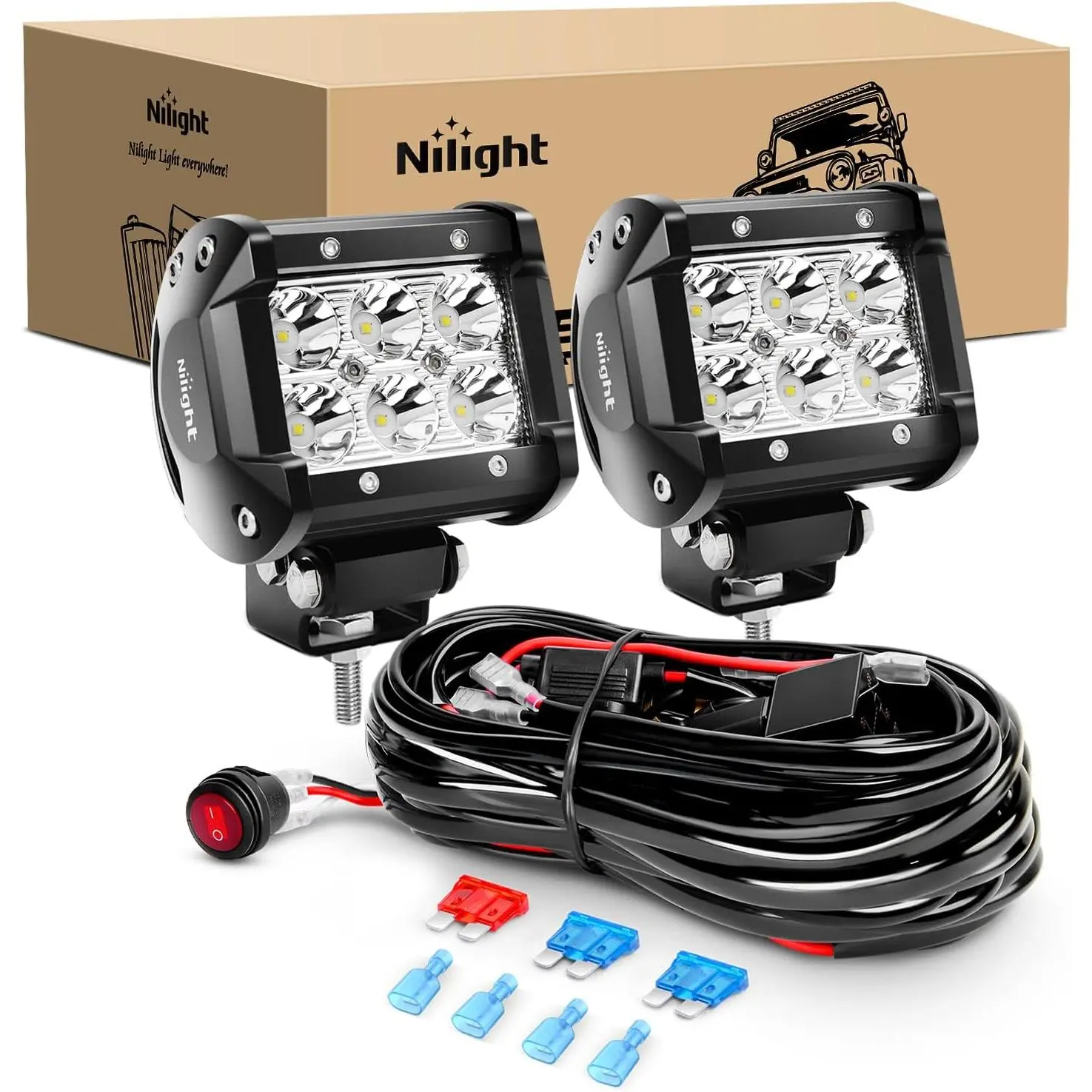Nilight ZH009 2PCS 18W Spot LED Light Bars Dual Pack with 16AWG Wiring Harness Kit, Aluminum Build, 10PCS Cooling Fans, 1260lm Illumination, -40~85°C, Spot Beam, Mounting Brackets, Car Lighting, Led Lights for Truck, Automotive Off-Road Accessories