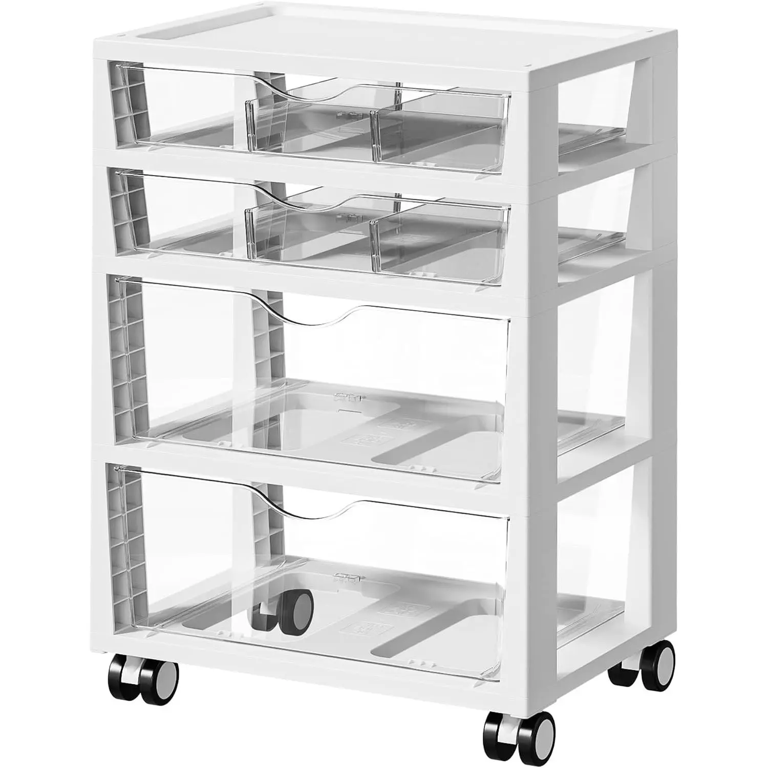 Plastic Drawer Storage Rolling Cart with Wheels, 4-Tier Drawer Organizer for Art Crafts Supplies, Home Office Supplies, Toys, Under Desk Storage for Office, Craft Room, Bedroom