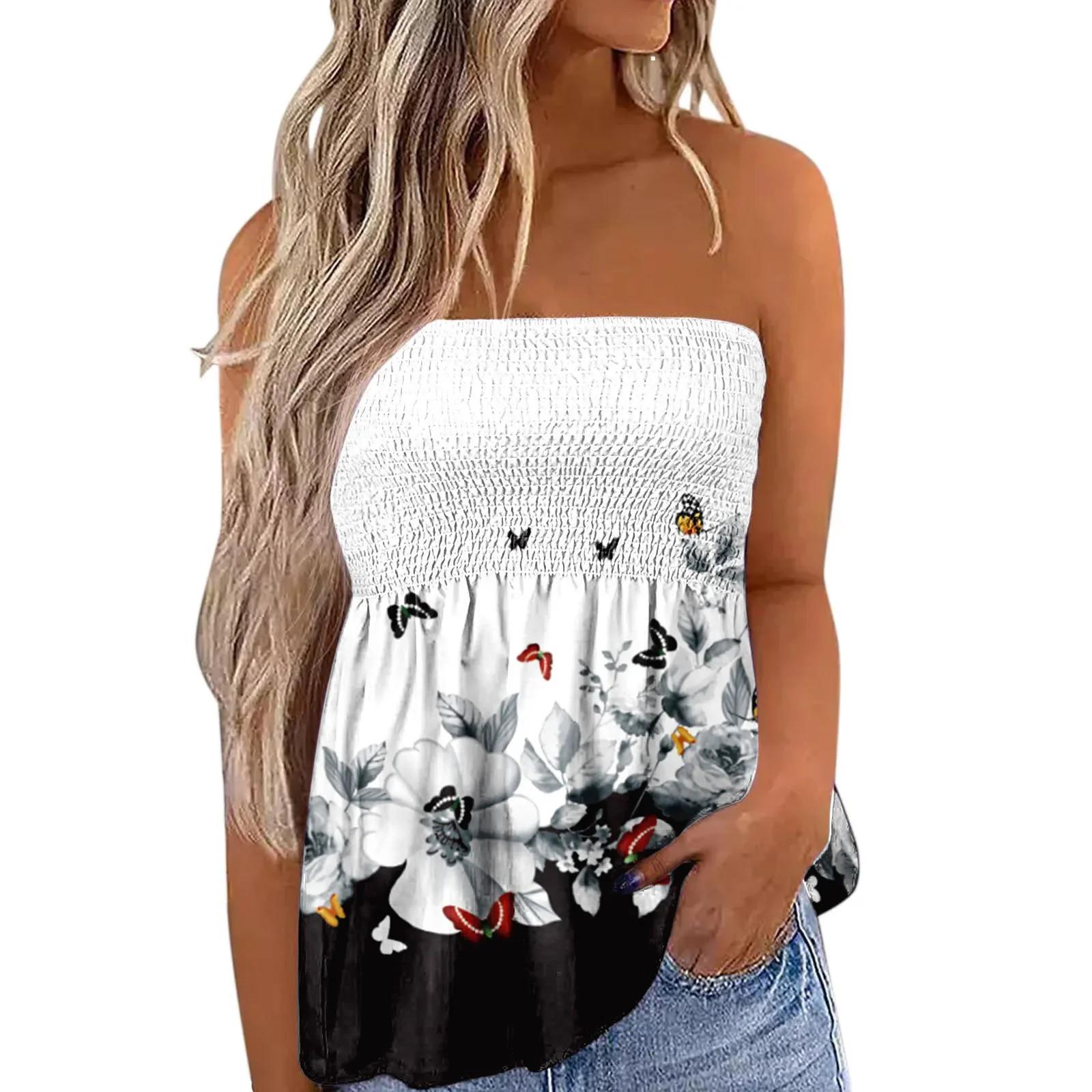 2025 New Women's Fashion Clothing Independence Day Printed Tube Top T-shirt for Women Flowy Strapless Tube Top Blouse