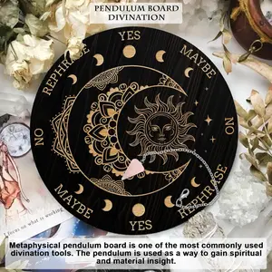 Pendulum Board Set, Wooden Dowsing Divination Board Metaphysical Message Board with Crystal Pendulum Necklace for Witchcraft Wiccan Altar Supplies Kit, Moon& Sun