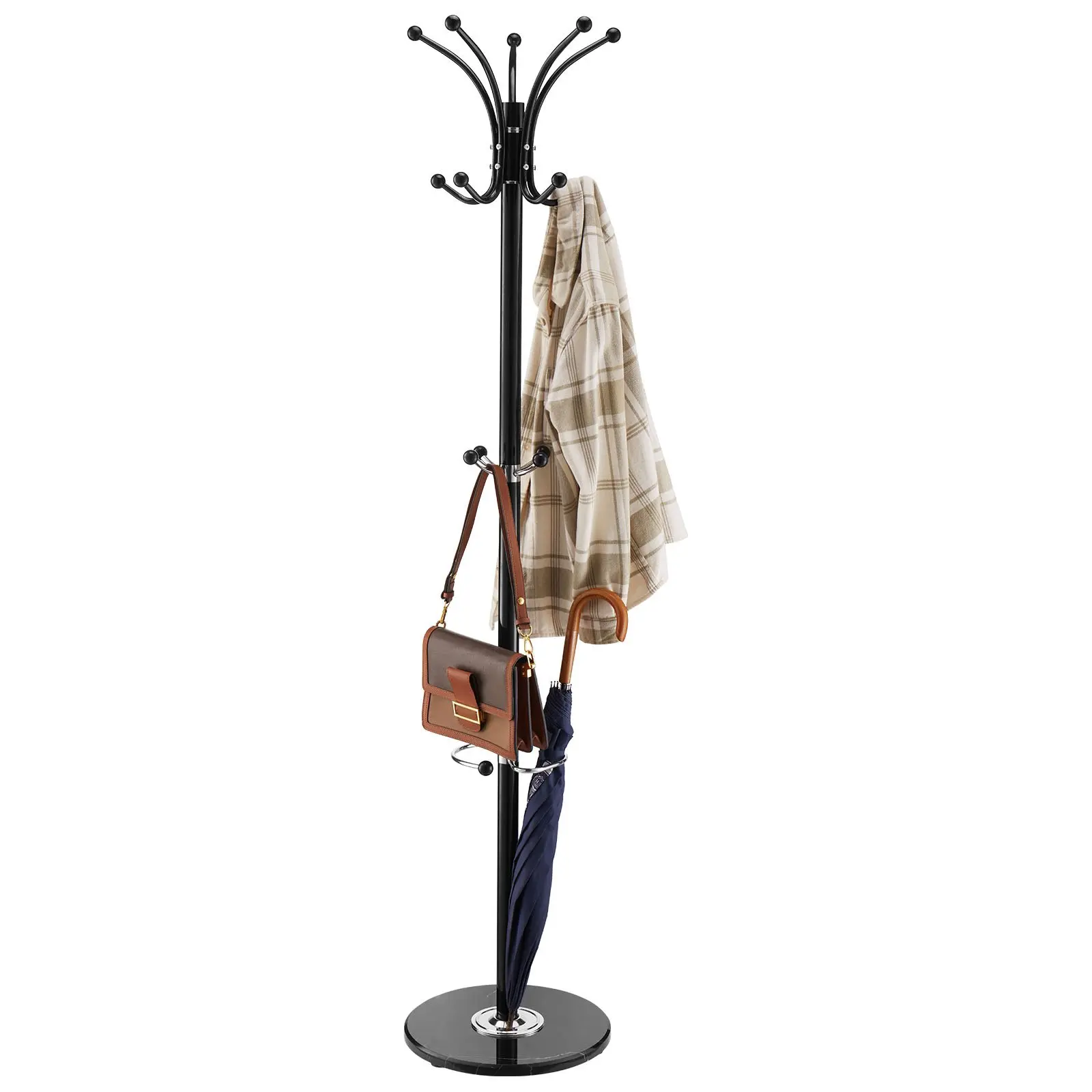 Freestanding Coat Rack, Metal Coats Rack Stand with Umbrella Holder, Stable Marble Base 14 Hooks, Hall Coat Tree for Entryway, Bedroom, Living Room, Stylish Coats Hanger for Hats, Scarves, Bag