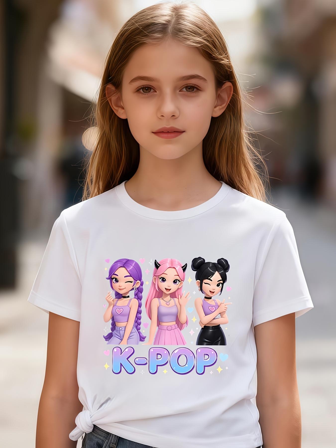 1[K-POP Girls' T-shirt] 1pc Girls' Summer Short-sleeved "K-POP Playful Girl" Cartoon Print T-shirt - Fashionable, Comfortable, Casual Trendy Item, Stylish Outfit
