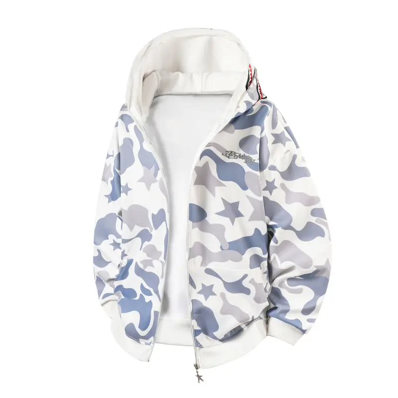American-Style Trendy Fashion Camouflage Shark Mouth Hooded Sweatshirt For Men, Autumn And Winter Full-Print Camouflage Zip-Up Drop-Shoulder Casual Cardigan Jacket, High Street Casual Versatile Sweatshirt # Sohochic