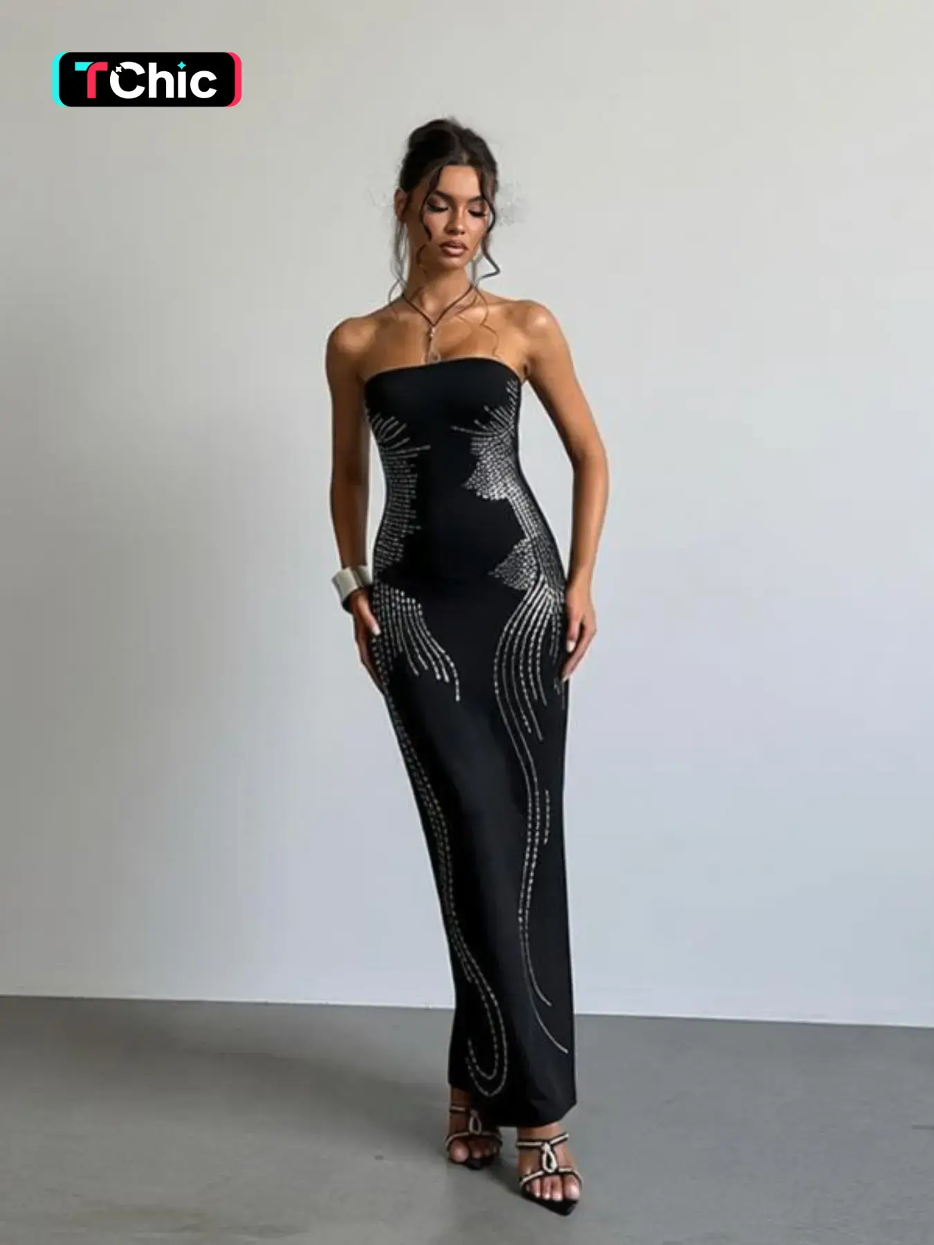 Women's Rhinestone Decor Backless Tube Bodycon Dress, Elegant Strapless Maxi Dress, Wedding Guest Outfit, Glam Evening Style, for Party Club Dating Wear, Women's Clothing for All Seasons