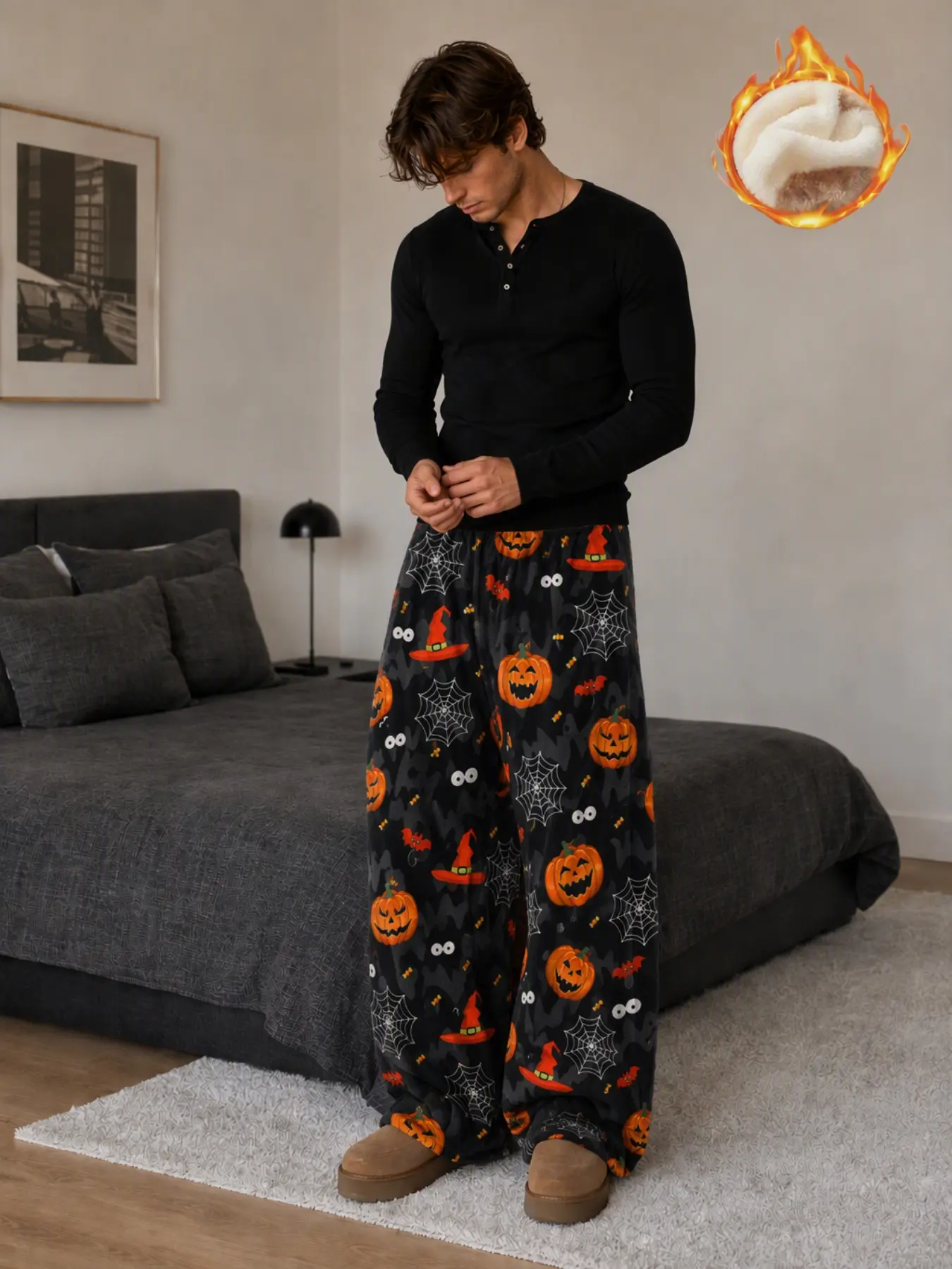Autumn/Winter Flannel Unisex Warm Long Pants, Halloween/Pumpkin Monster Spider Web Print Loose Cute Retro Pajama Pants, Holiday Outfit