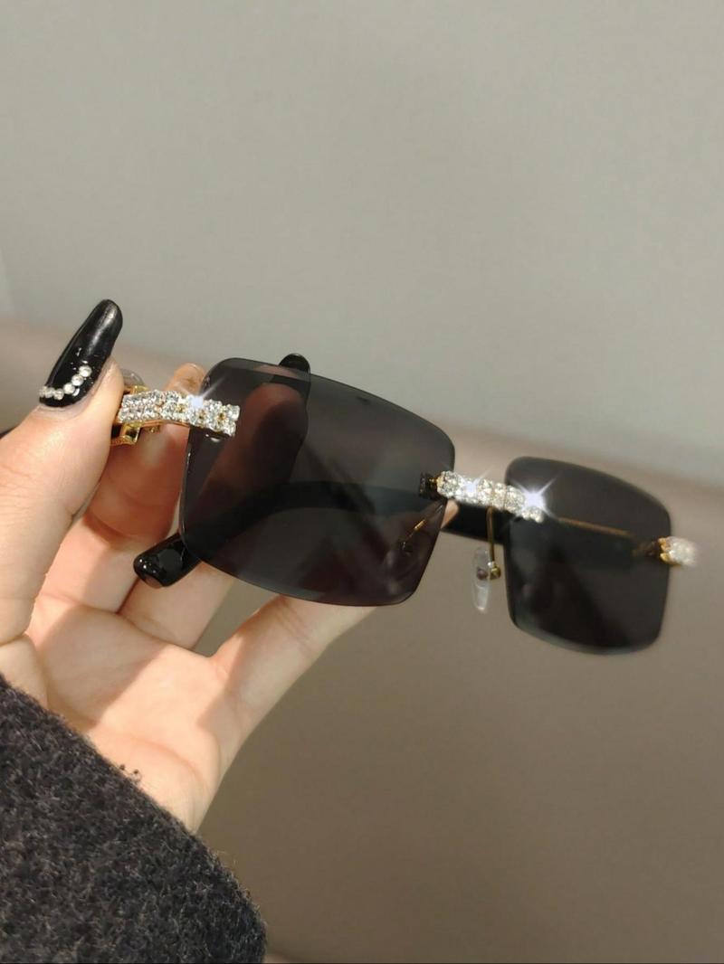 Rhinestone Decorated Rimless Sunglasses, Women Trendy Rectangle Frameless Shades, Sparkly Fashion Eyewear Accessories for Daily Casual & Outdoor Wear