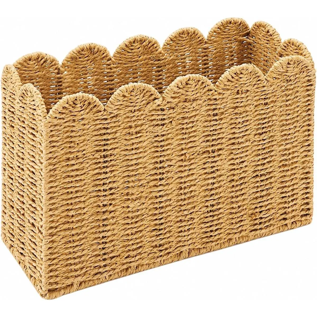 Paper Rope Magazine Holder for Floor with Scalloped Edge, Tall Narrow Wicker Magazine Basket – Book Basket, File Holder & Mail Basket for Living Room, Office & Bedroom