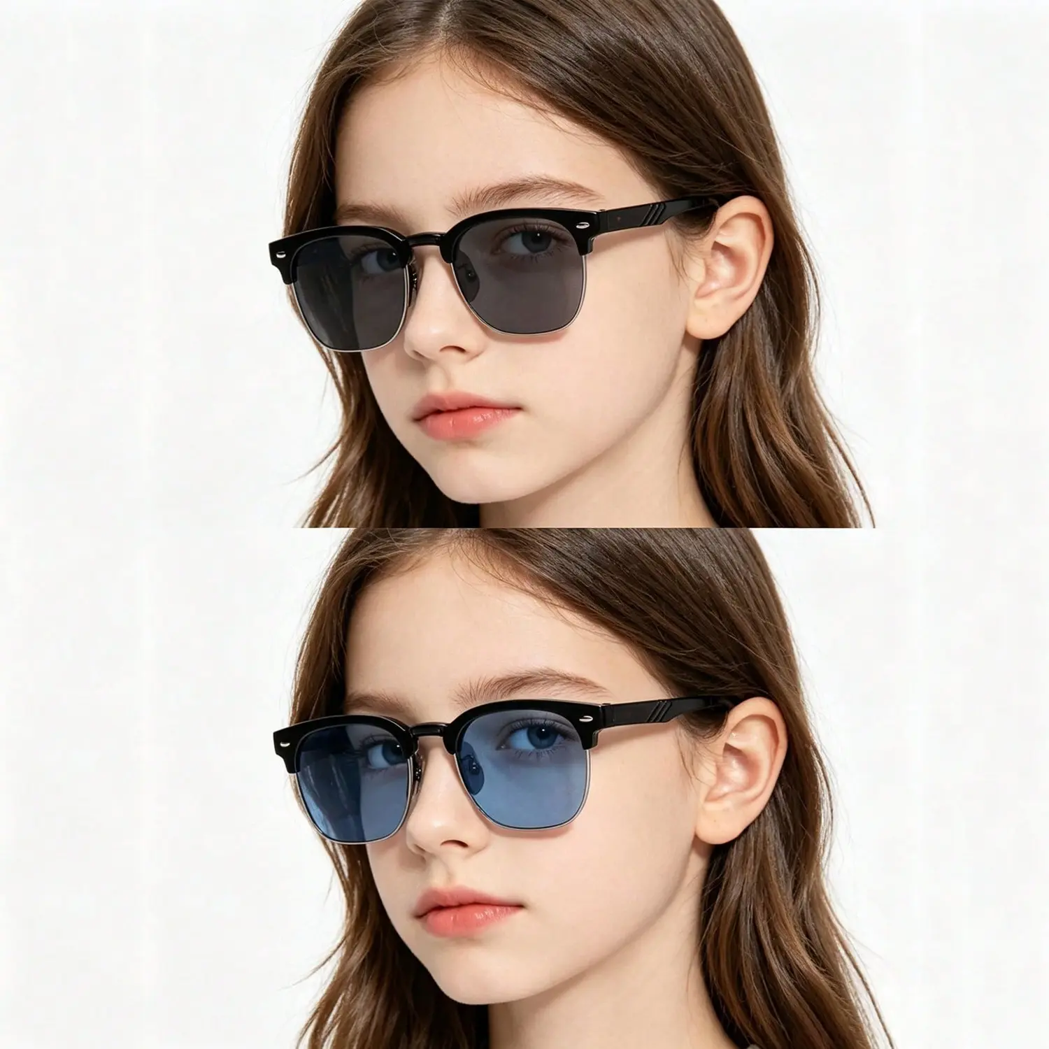 2/1 pairs of stylish metal studded glasses, suitable for teenagers, with semi-rimless colored metal lenses, perfect for street photography, beach trips, and other occasions (includes a paper glasses case).