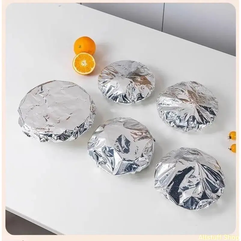 50-pack reusable, sturdy, durable aluminum foil food container lids, leak-proof sealing lid set, flexible heat-resistant bowl and plate lids, disposable insulated kitchenware alternatives.