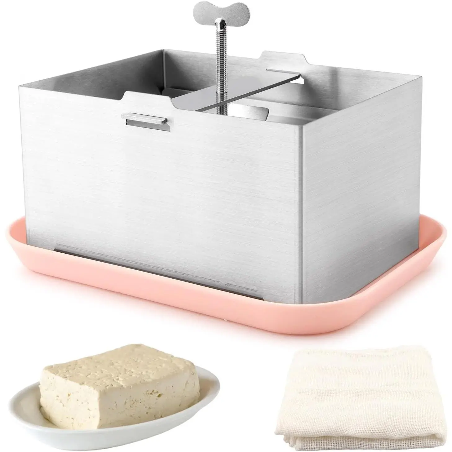Stainless Steel Tofu Press, Paneer Maker with Drip Tray and Cloth | Adjustable Pressure for Firmer Texture, Even Water Removal, Dishwasher-Safe Cleanup,6.3x4.72inch