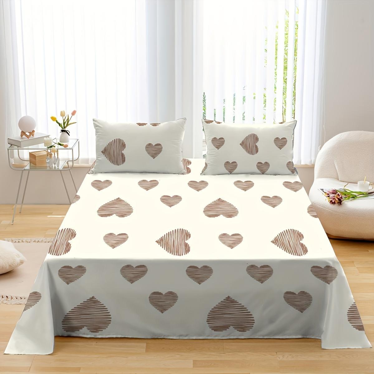 Heartbeat Wave Pattern Bedding Set, Including 1 Fitted Sheet & 1 Flat Sheet & 2 Pillowcase without Filler, Soft Comfortable Bedding Set for Home Bedroom