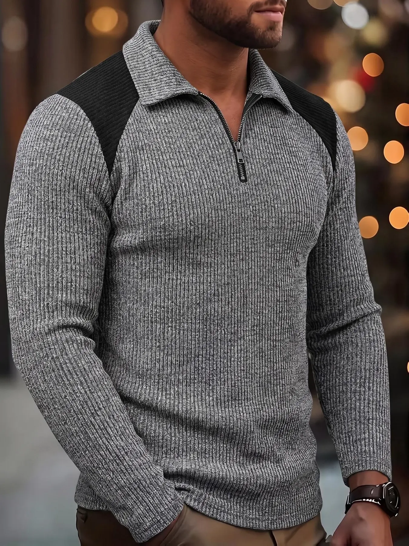 Men's Casual Long Sleeve Pullover Sweater, Knit Jumper Half-Zip Design, Spring & Fall Fashion, Thin Fabric, Fitted Style