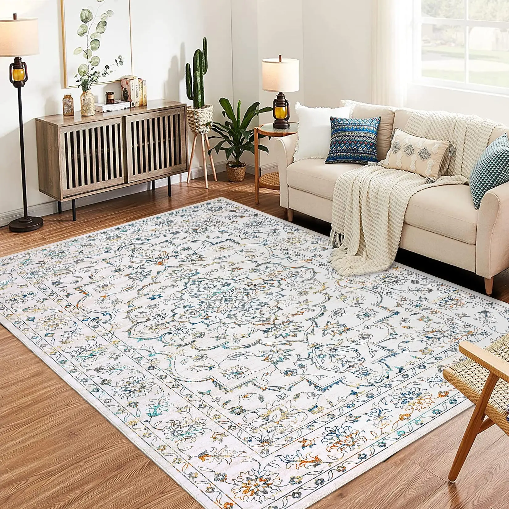 GARVEEMachine Washable Area Rugs for Living Room: Ultra-Thin Large Floral Print Rugs in Sizes 5x7, 8x10, and 9x12, Available in Multicolor, Dark Grey, and Red Brown. Features Stain Resistant Non-Slip Backing.