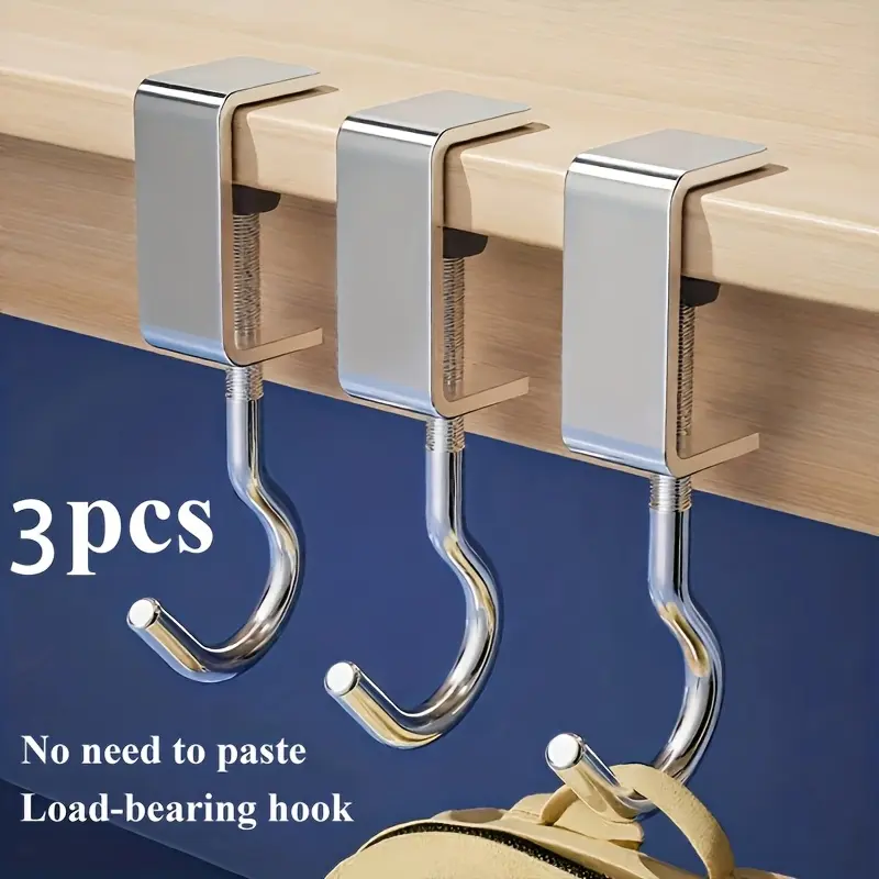 3 Pack Adjustable Desk Bag Hooks, No Drill Table Edge Hanger for Backpack & Purse Storage, Portable Heavy Duty Metal Handbag Holder, Space Saving Organizer for School Office Study