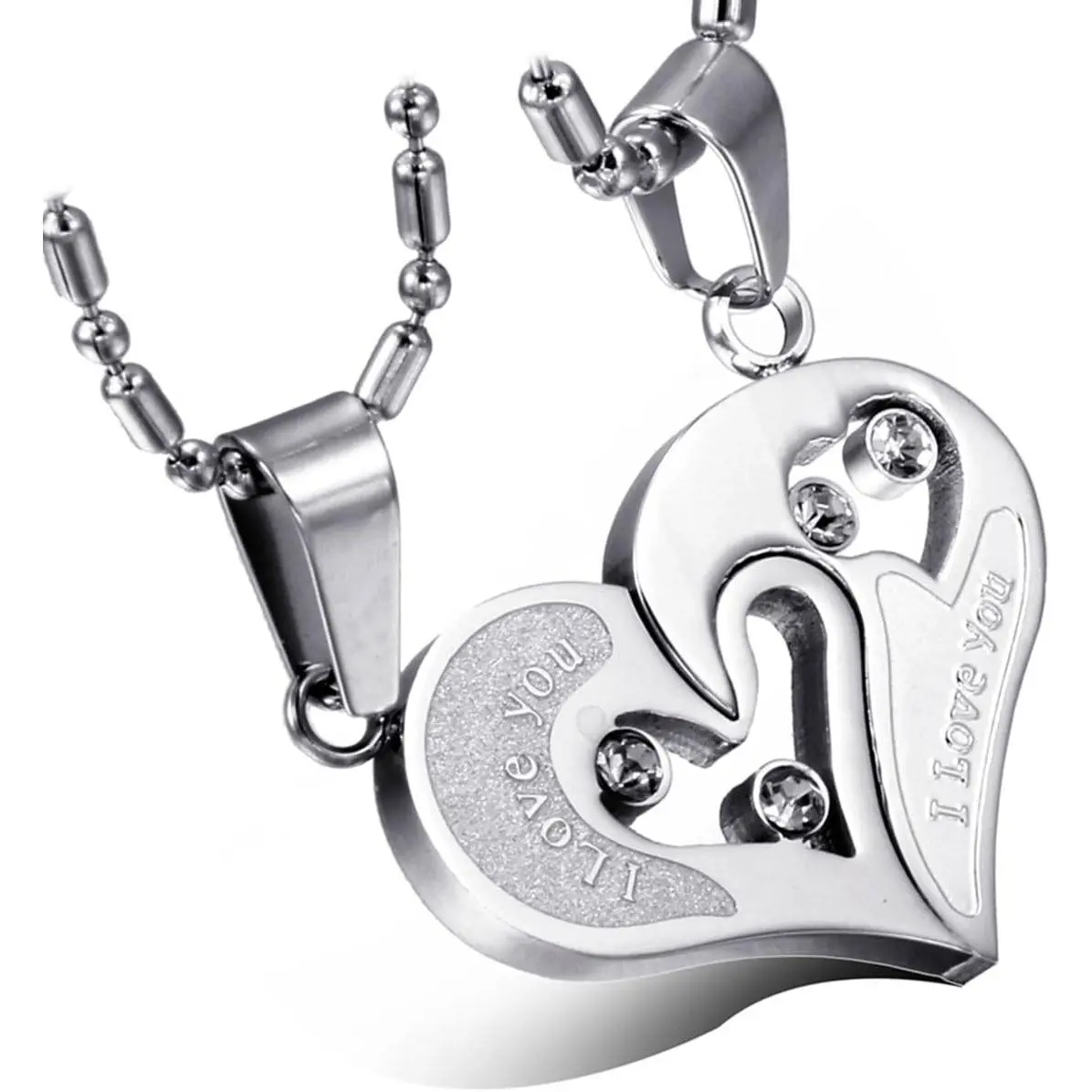 Stainless Steel His & Hers Matching Pendants Necklace Set, Rhinestones Inset "I Love You" Heart Puzzle Design, Valentine’s Gift Chain Jewelry for Couples, Chain Jewelry Necklaces
