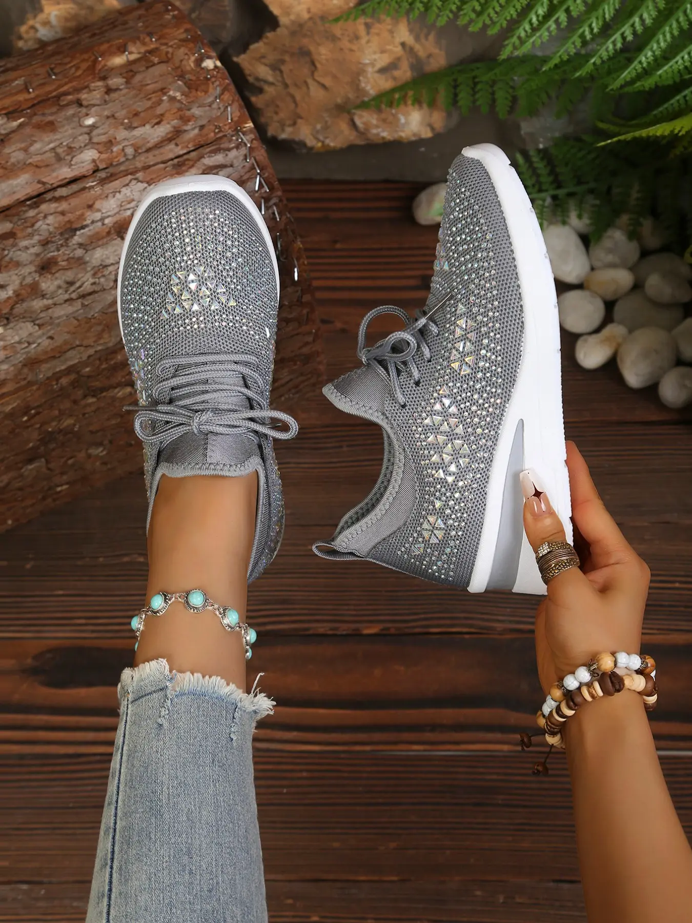 Korean Style Full Rhinestone Knit Breathable Women's Shoes, Soft Sole Comfortable, Elegant Versatile Thick Bottom Sports Casual Shoes, Thick Soled Trainers