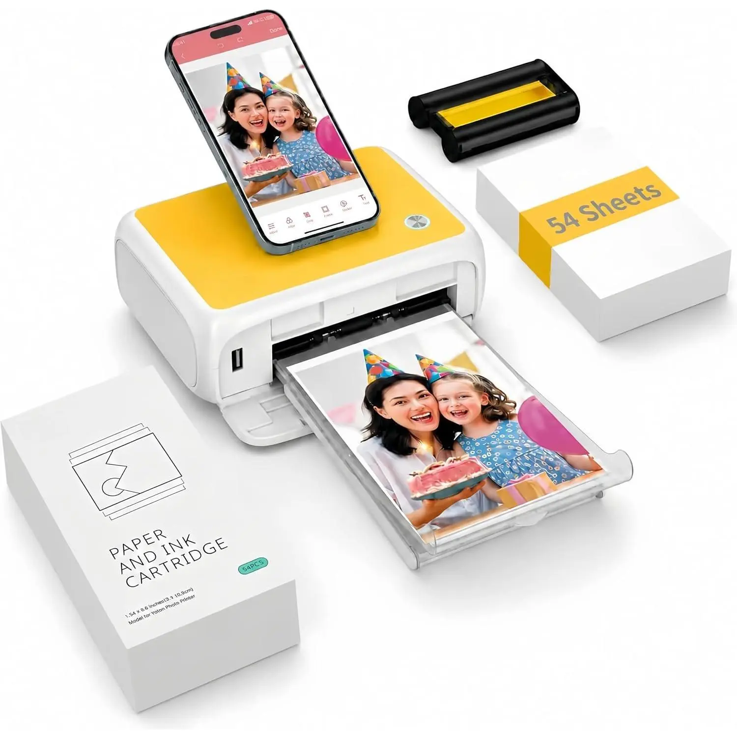 4x6 Photo Printer, Picture Printer with 54 Sheets & 1 Ink Ribbon, AR Video Printing,  Photo Printing, 4PASS Dye-Sublimation, Portable Printer for , Android & PC, Yellow