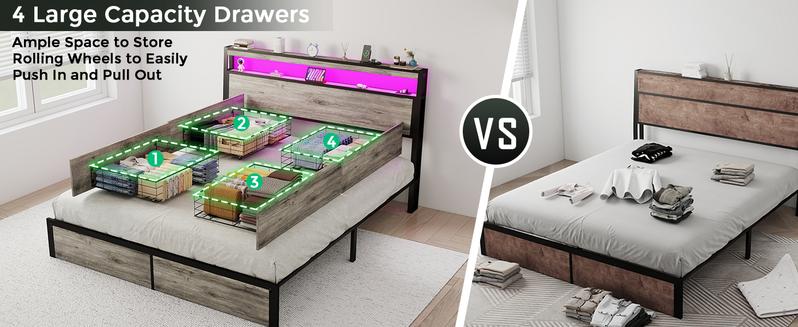 Queen Size Bed Frame with 4 Storage Drawers and Headboard with Charging Station and LED Lights,2 Tier Solid Wood Headboard Storage/Noise Free/No Box Spring Needed/Remote Control/Rustic Grey Queen Size Bed Frame with 4 Storage Drawers and Headboard with Charging Station and LED Lights,2 Tier Solid Wood Headboard Storage/Noise Free/No Box Spring Needed/Remote Control/Rustic Grey