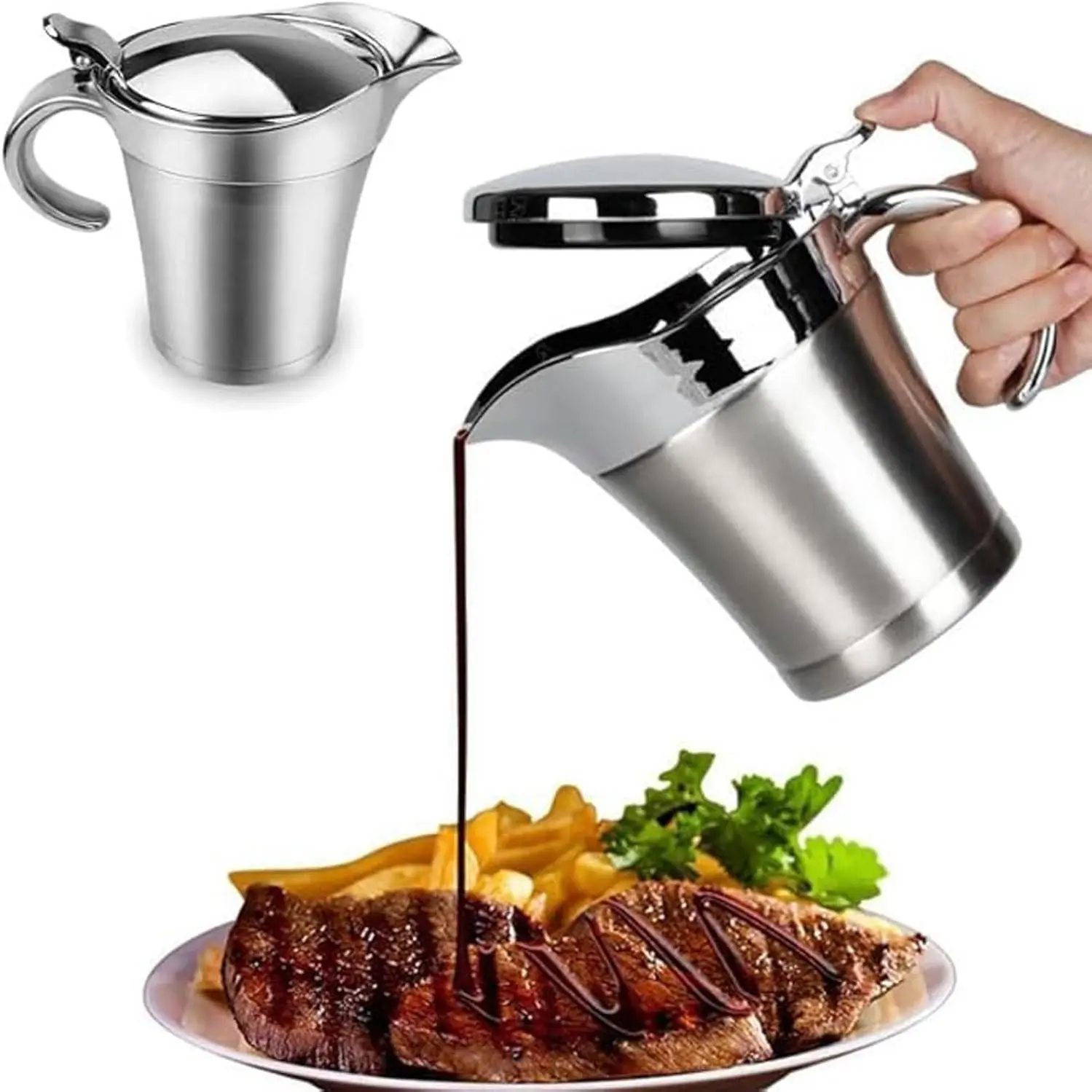 450ml Stainless Steel Gravy Boat with Lid Double Insulated Sauce Jug with Hinged Lid Elegant Small Gravy Server for Holiday Dinners Turkey and Steak Silver