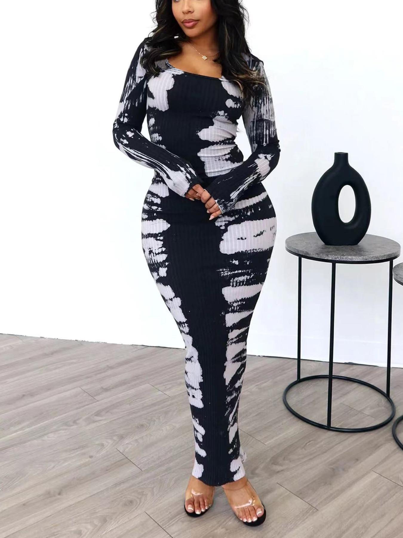 Women's U-Neck Ribbed Dress Spring New Corduroy Print Back Long Skirt, Fashion Sexy Elegant Casual Medium-Length Dress for Autumn Winter