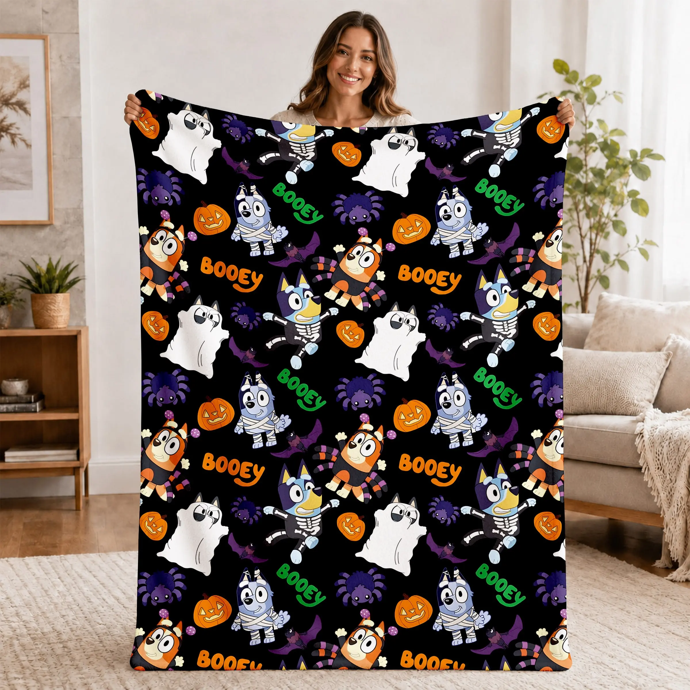 Bluey Cartoon Throw Blanket, Halloween Ghost Pumpkin Skeleton Pattern, Soft Cozy Fleece, Couch Bed Decor, Gift Idea