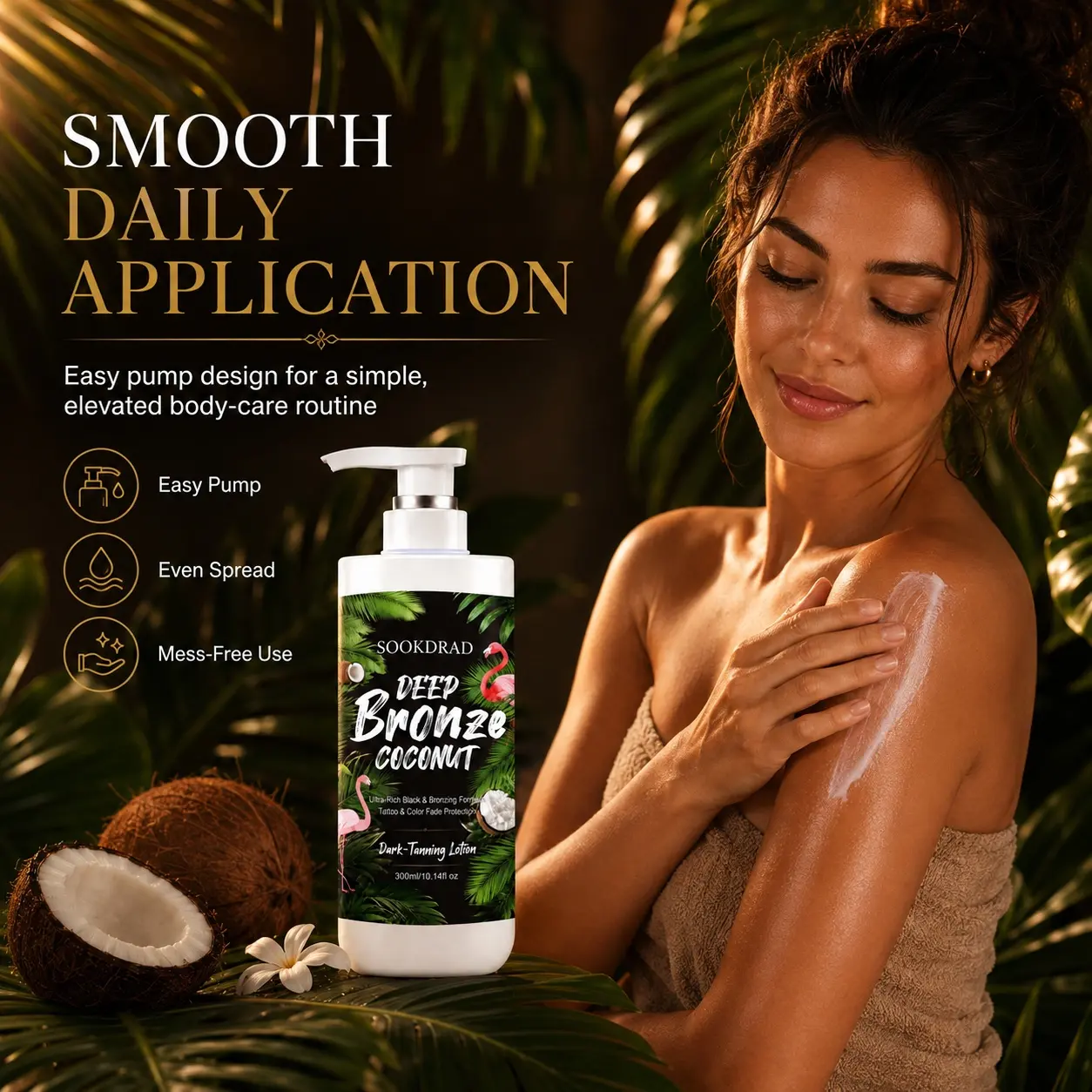 Dark-Tanning Lotion, coconut, deep bronze, ultra-rich black bronzing formula, tattoo color fade protection, 300ml/10.14fl oz
