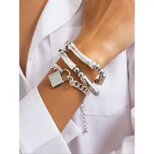 Fashion Lock Design, Casual Beaded & Chain Bracelet for Women & Men, Trendy All-match & Exquisite Jewelry for Birthday Gift, Stackable Bracelet