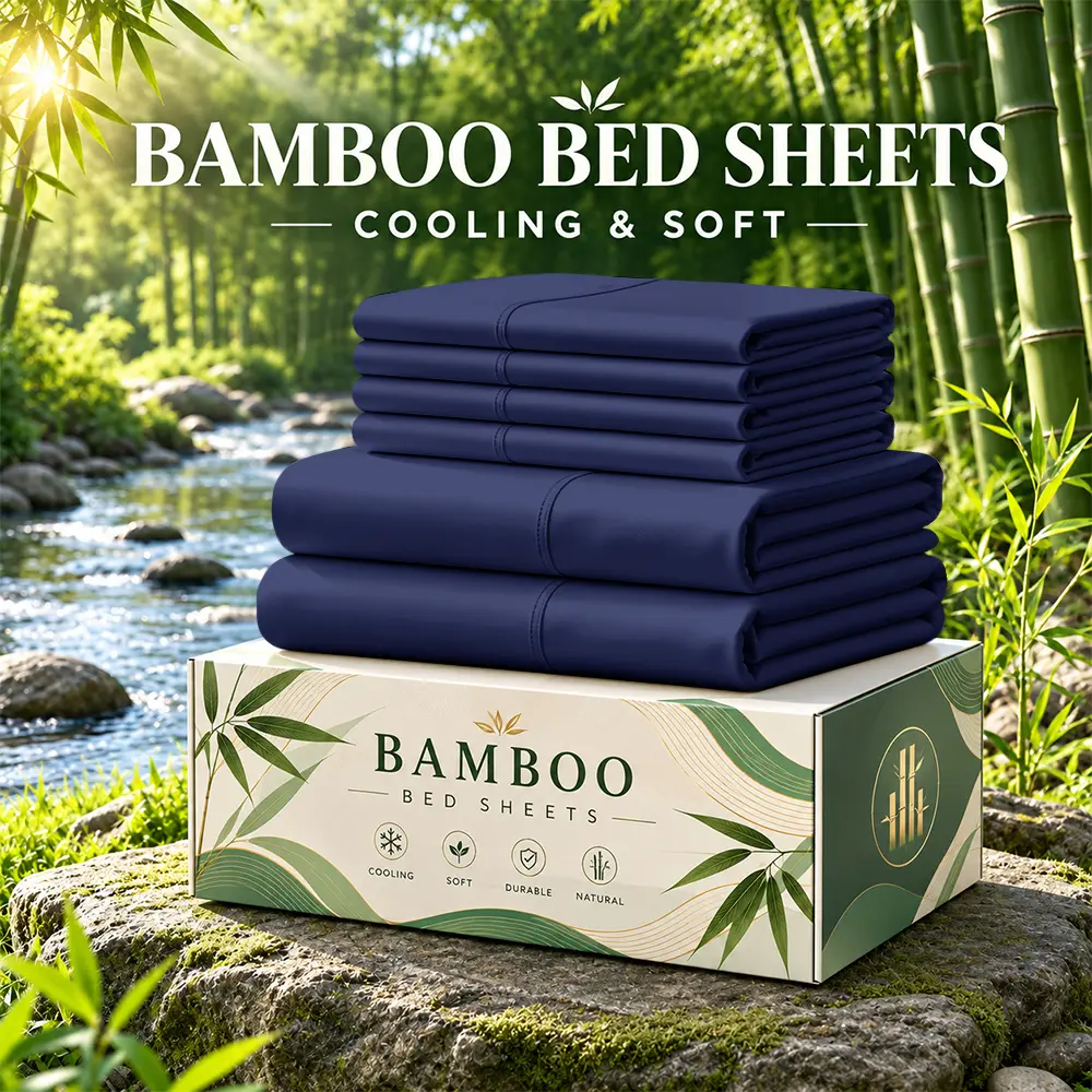 GOHOME 4/6PCS Deep Pocket Cooling Bamboo Sheet Set, Luxurious & Ultra-Soft, Breathable, 16 Inch Extra Deep Pocket, Twin, Full, Queen, King, Multiple Color To Choice, Kids, Suitable for Hot Sleepers, Flat Sheet, Fitted Sheet, Pillowcases, All season