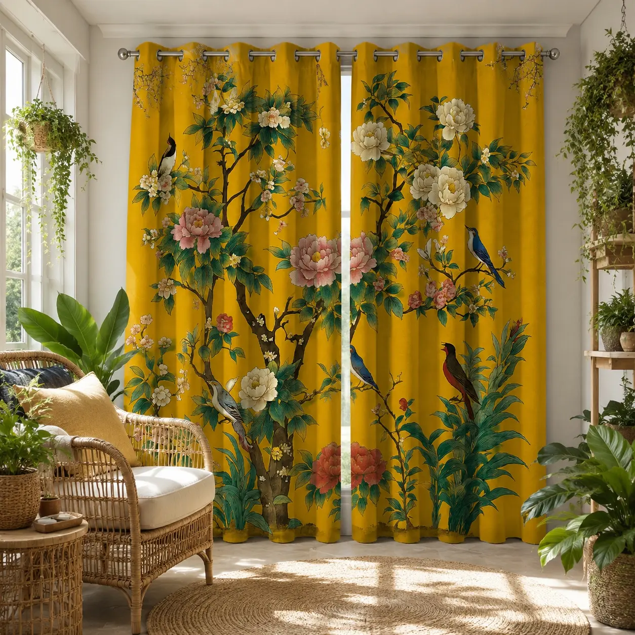 Chinese Gongbi Bird & Floral Soft Semi-Sheer Polyester Cafe Curtains - Durable, Dustproof, Fade-Resistant Rod Pocket Spring Drapes, Machine-Washable for Kitchen, Home Interior Window Decor