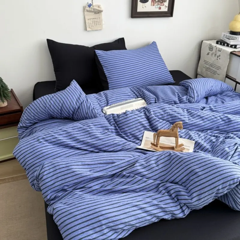 3-Piece Home Textile Set, Blue Striped Duvet Cover and Pillowcase, Soft Breathable Fabric, Vintage Style, Suitable for All Seasons