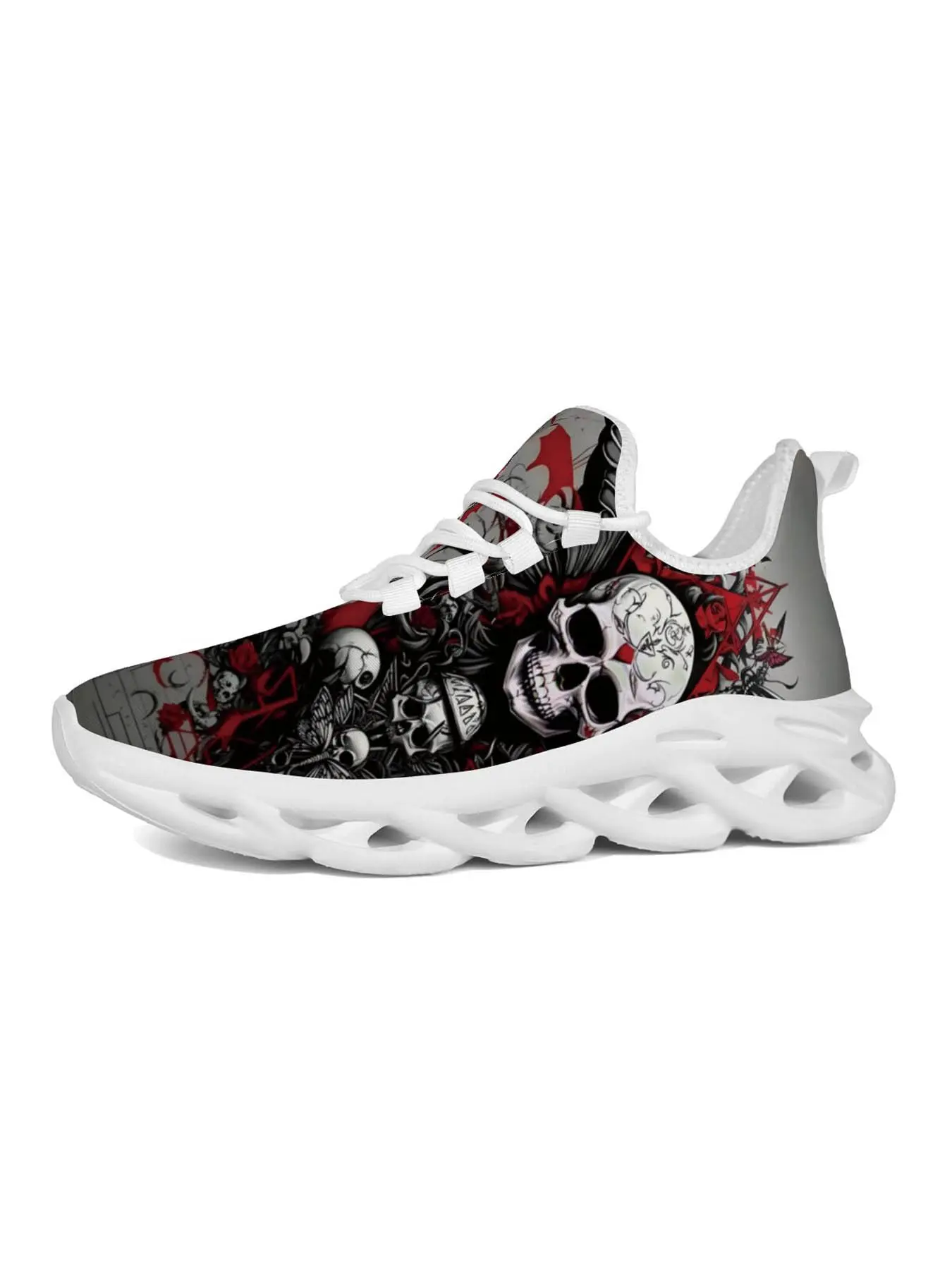 Men's Dark Skull Print Sports Casual Shoes, Gothic Hip Hop Style, Lightweight Hollow Out Sole, Trendy Streetwear for Youth