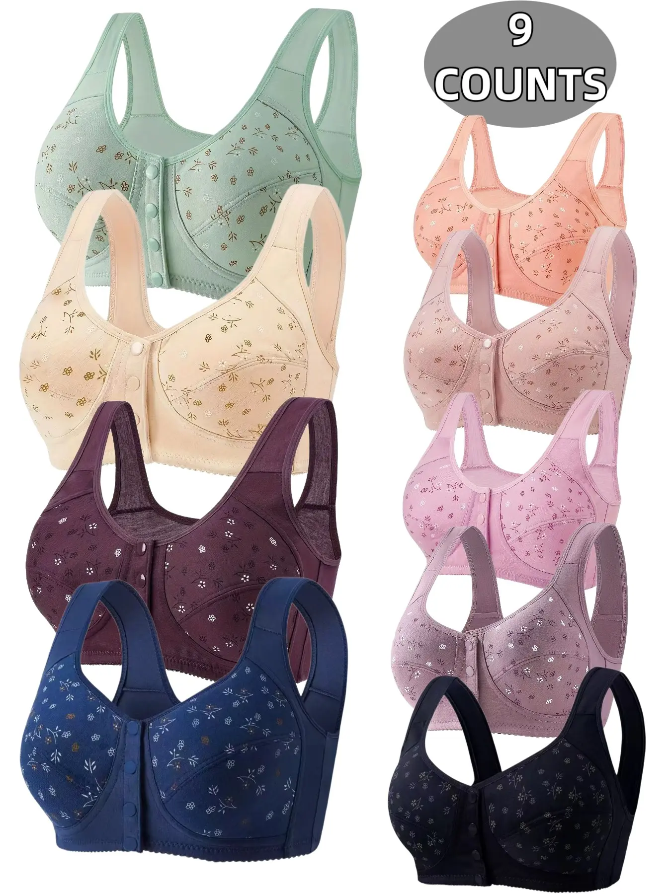 9-Pack Women's Wire-Free Front Buckle Bra, Seamless Comfort Fit, Daily Wear Underwire Free Bra, Breathable Soft Fabric, Full Day Support