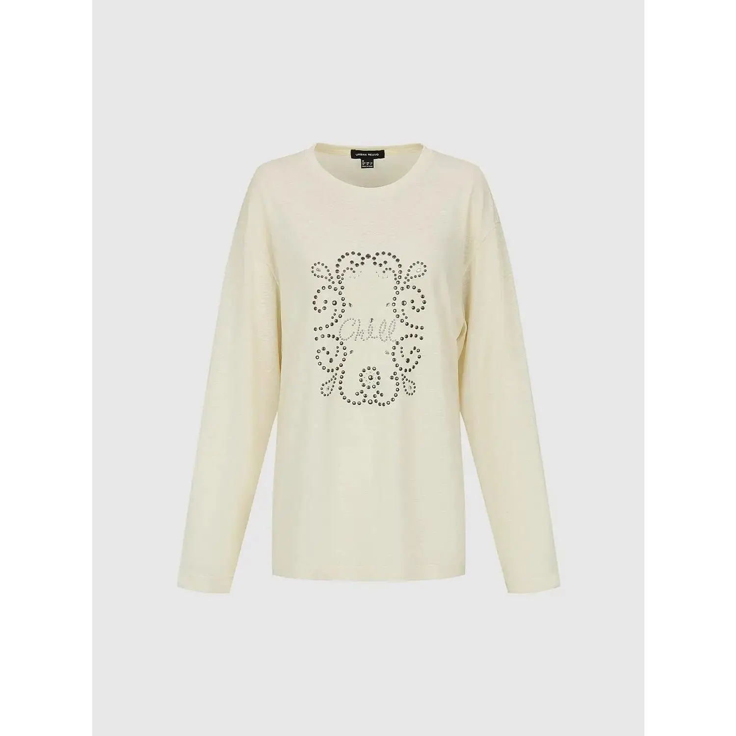 URBAN REVIVO Rhinestone Embellished Casual Chic Long Sleeve T-Shirts, Light, Fabric, Tshirt, Women