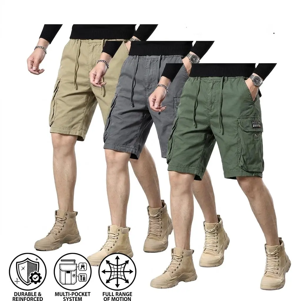 Men's 3-Piece Loose Cargo Shorts Set - Classic Menswear, Smooth Plain Fabric, Breathable Cotton Bottoms, 3D Organ Side Flap Pockets, Elastic Waist Drawstring, for Summer Casual Camping, Cold Wash, Blue/Grey/Green Retro Style, Fashion Apparel, Camping&Hiki