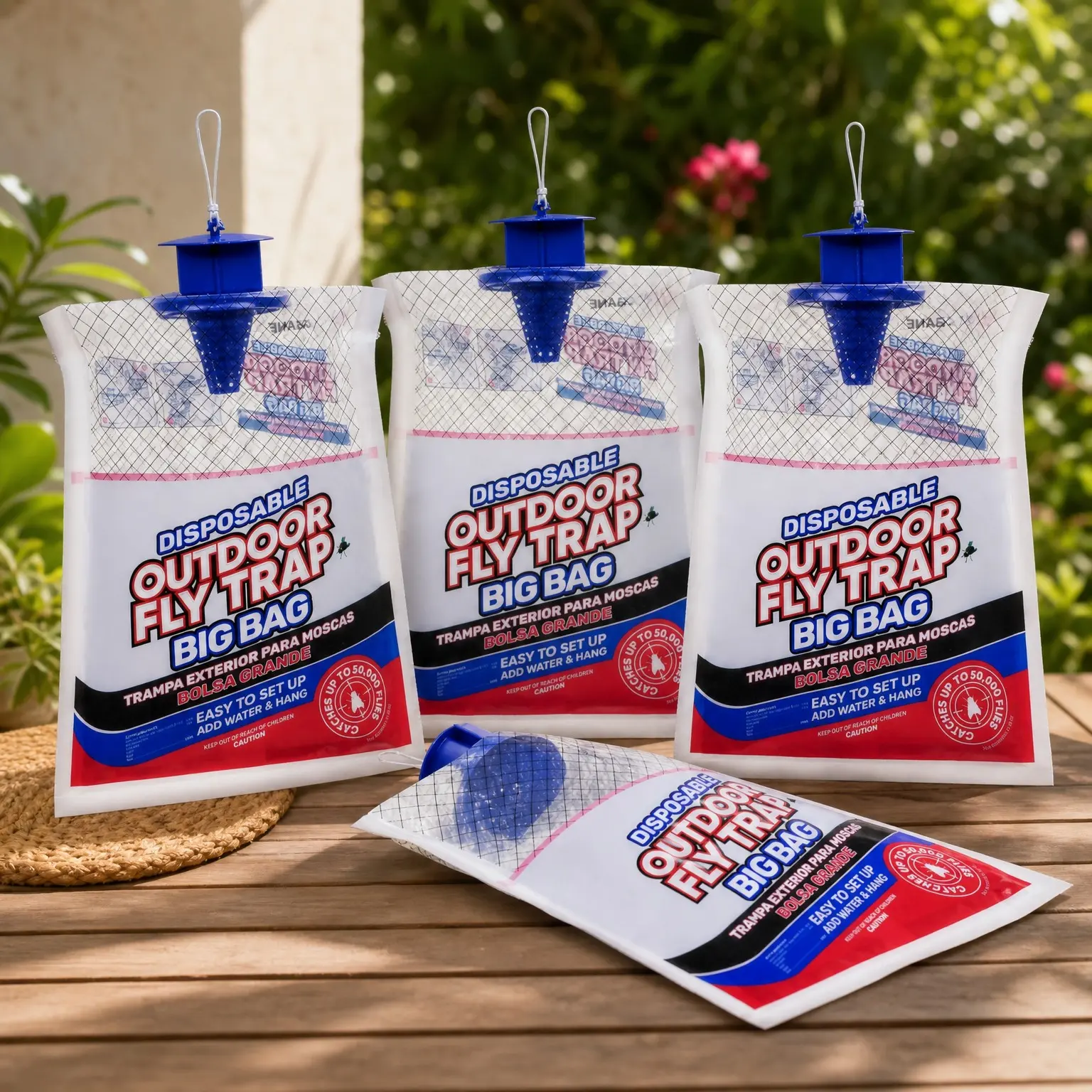 Outdoor Fly Traps for Patio - 4 Large Non-Toxic Pre-Baited Disposable Hanging Fly Bags, Bug Catcher for Filth Flies, Outside Pest Control for Yard, Horse RanchGift