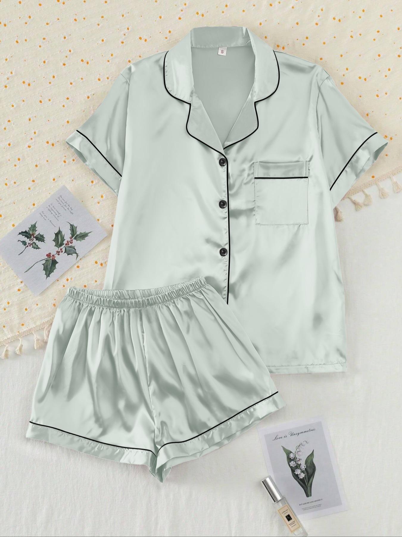 【Valentine's Day】Two-piece Set Women's Shirt & Shorts Satin Pajama, Ladies Summer Sleepwear