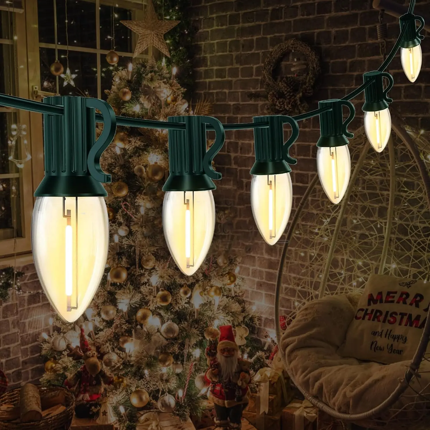 12FT C7 LED Christmas Lights, Clear Warm White  Outdoor | Shatterproof, Connectable, 2700K, , Plug in, Green Wire, for Halloween, Porch, Railing, Garden, Balcony, Holiday
