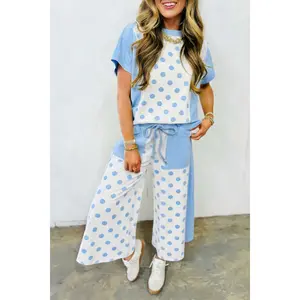 Sky Blue Color Block Patchwork Polka Dot Wide Leg Pant Set Casual Clothes Womenswear