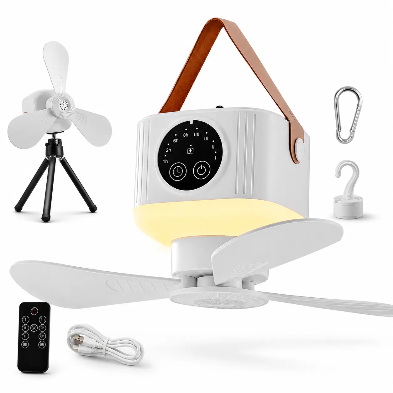 Portable Camping Fan with LED Light, USB Rechargeable Tent Ceiling Fan with Remote, Timer, 4 Speeds & Tripod