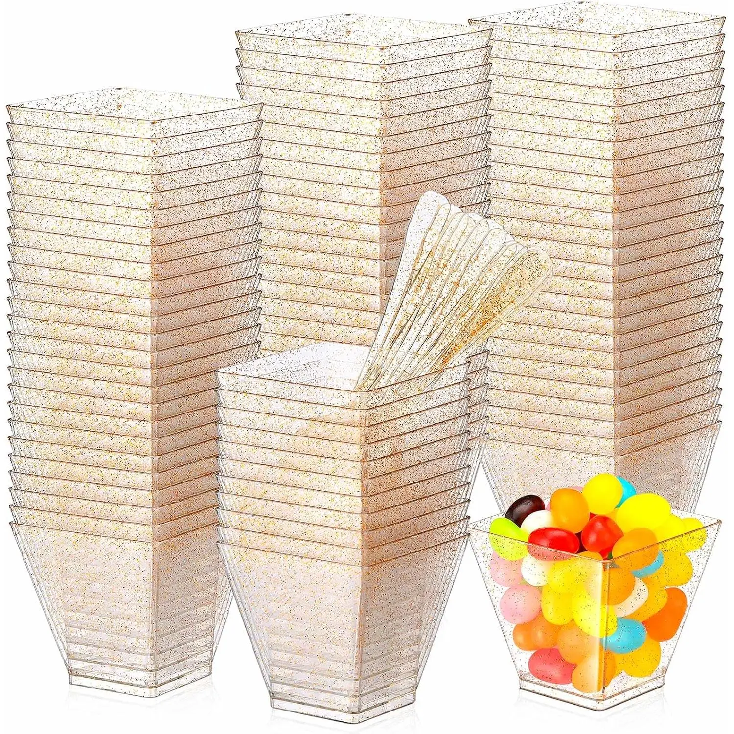 400 Pack 2oz Mini Plastic Dessert Cups 200  Glitter Square Shooter Cups and 200 Spoons, Small Disposable Dessert Bowls for Banana Pudding, Parfait, Cheesecake Appetizer Supplies