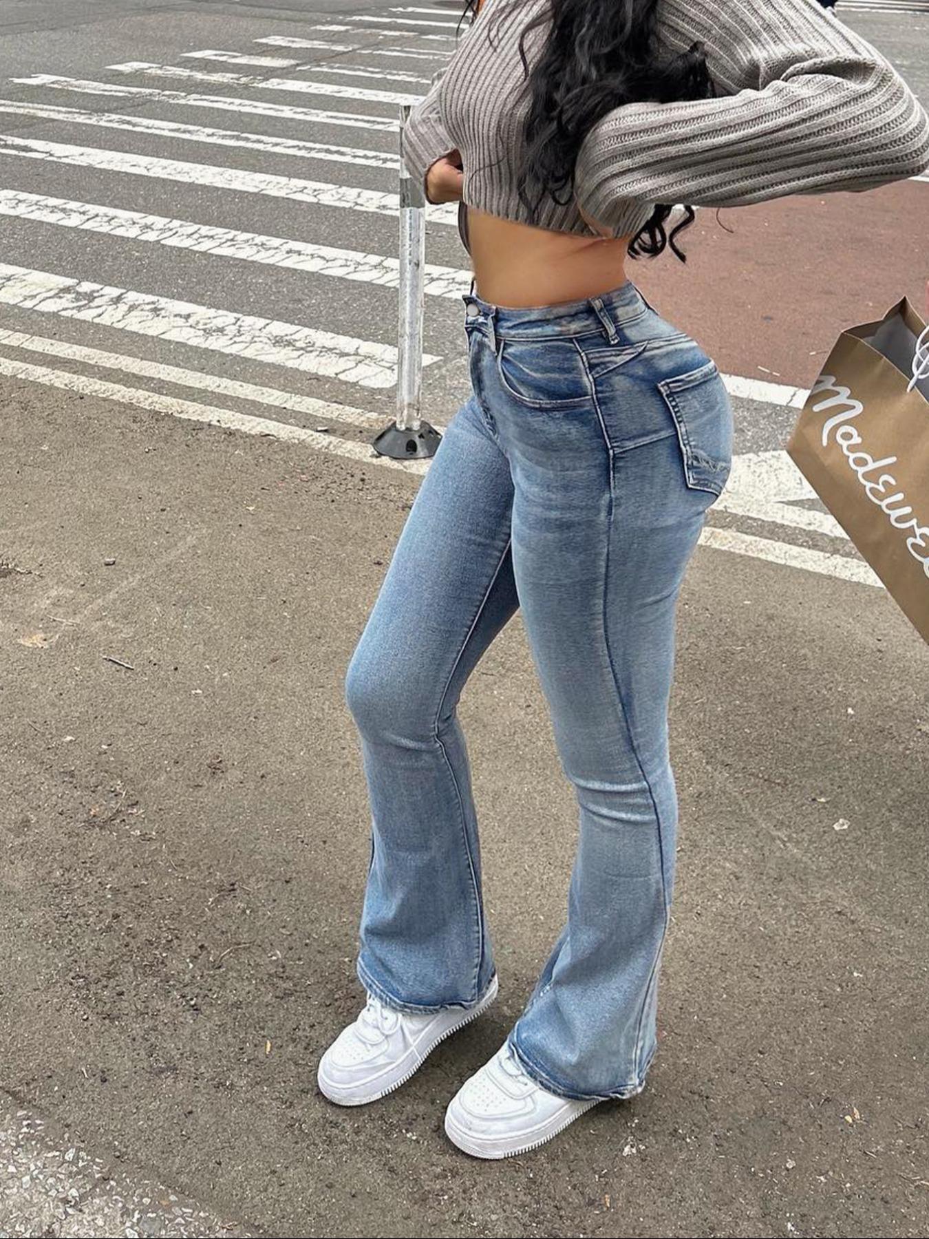 Women's Mid-rise Washed Stretch Skinny Flared Jeans, Hip-lifting Slim Flared Pants