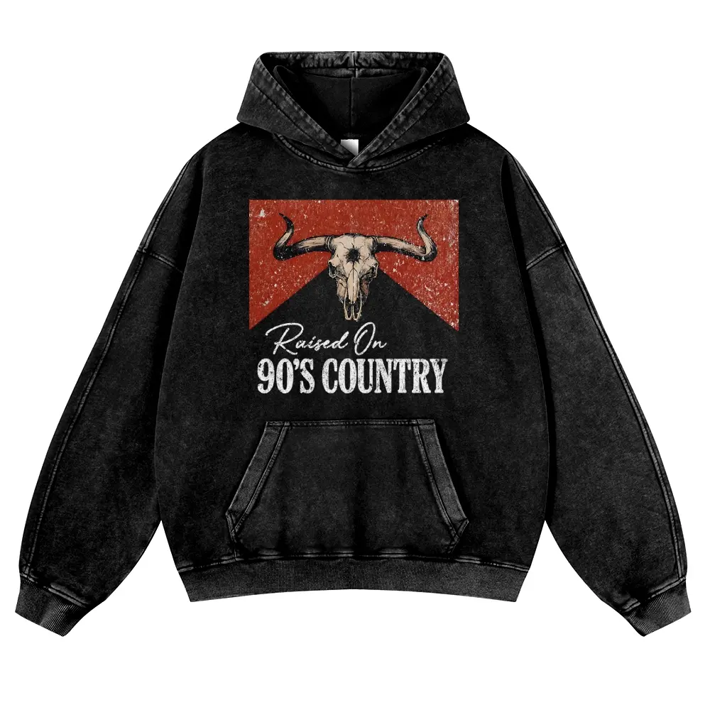 Vintage Acid Wash Black Graphic Hoodie | Unisex Oversized "Raised On 90s Country" Western Streetwear Pullover | Retro Cowgirl Bull Skull Sweatshirt Y2K Aesthetic