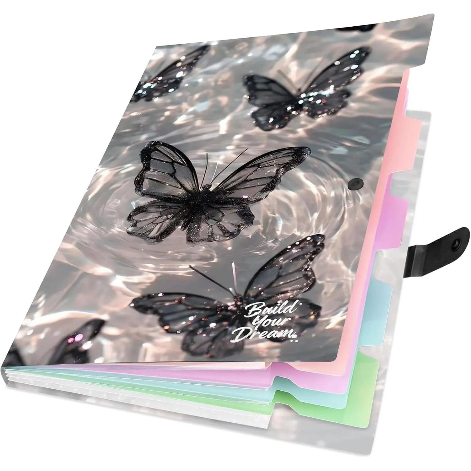 Cute Expanding File Folder - 5 Pockets Accordion Document Organizer,  Poly Plastic, A4/Letter Size for School Office  - Butterfly Black