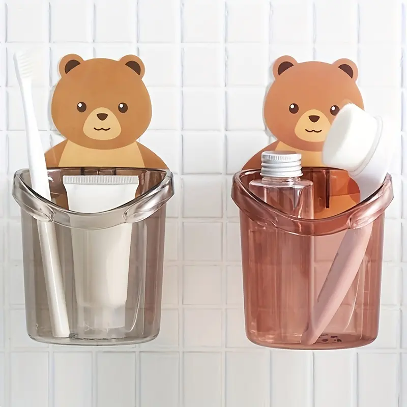 Adorable Bear-Shaped Toothbrush Holder with Drain - Wall-Mounted, No-Drill Installation, Perfect for Bathroom Organization