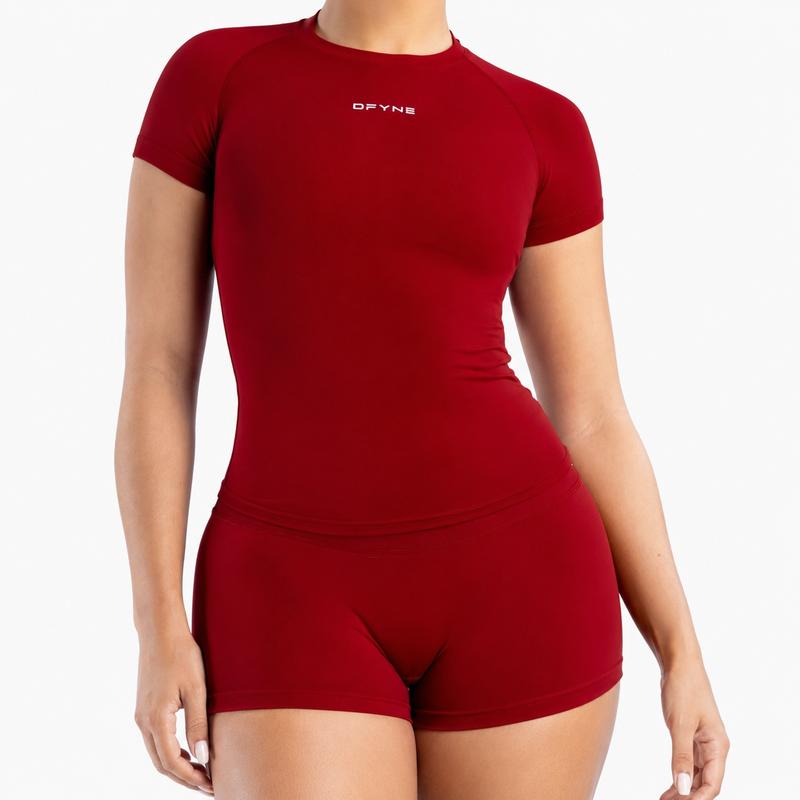 DFYNE Women's Sporty Sports Tops - Round Neck, Short-Sleeve, Slim-Fit, Regular Length, Nylon Blend, 4-Way Stretch, Breathable, Quick-Drying, Centered Logo, Standard Sizes, Suitable for Fitness/Yoga