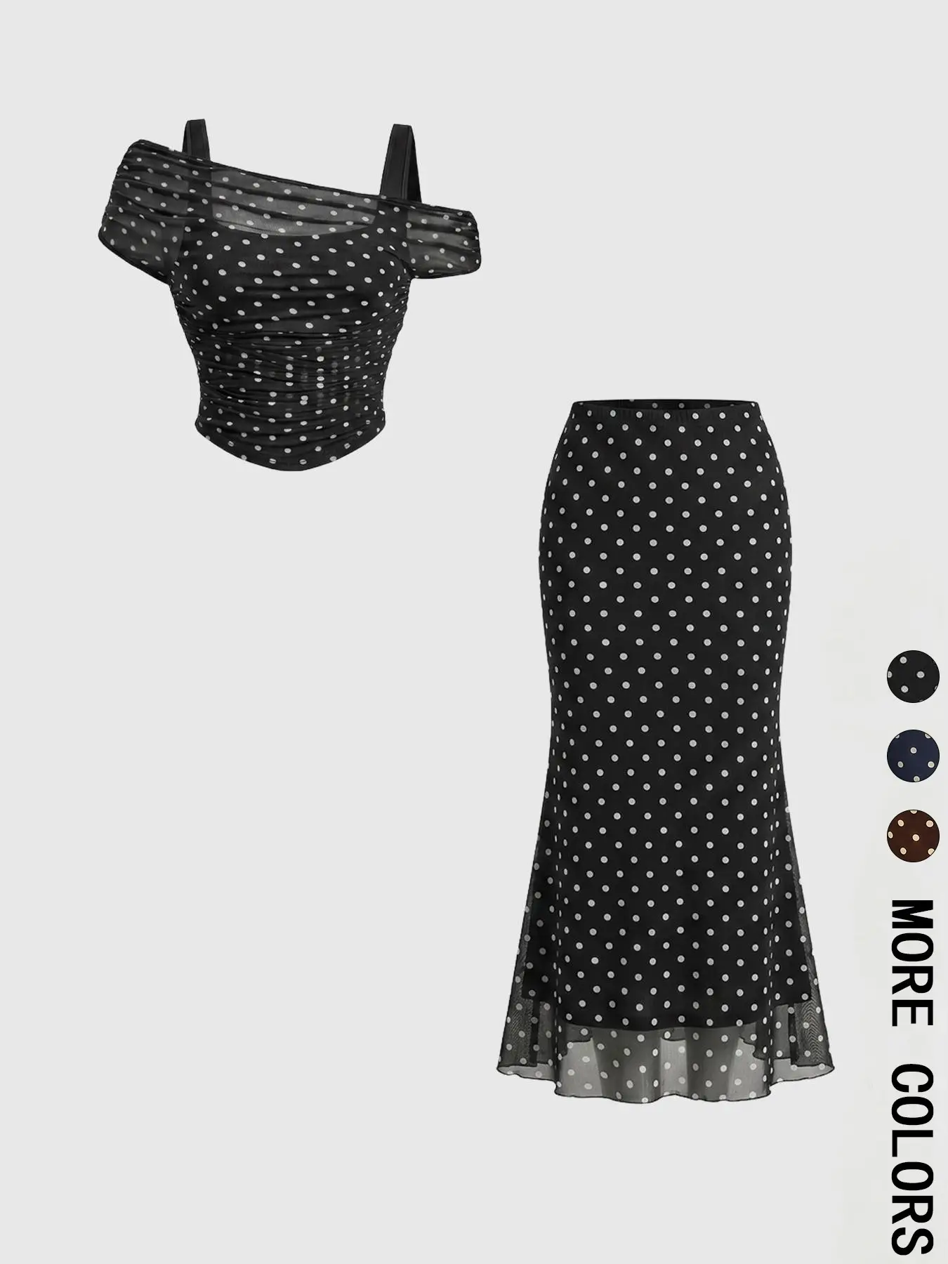 2 Piece Mesh Breathable Outfit Set for Women, Chic Cold Shoulder Ruched Crop Top and High Waist Mermaid Midi Skirt for Date, Matching Skirt Set