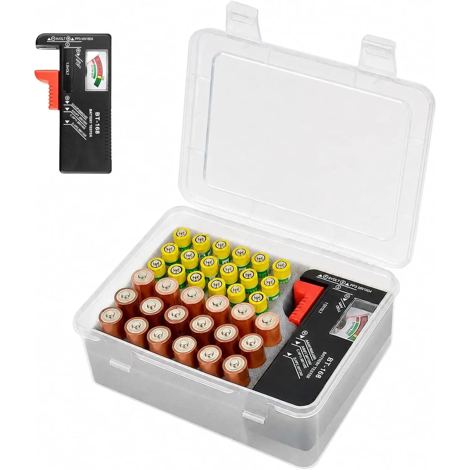 ALCYON Battery Organizer Storage Box with Tester, Garage Holder Case for 18 AA & 18 AAA Batteries, White (Batteries Not Included)