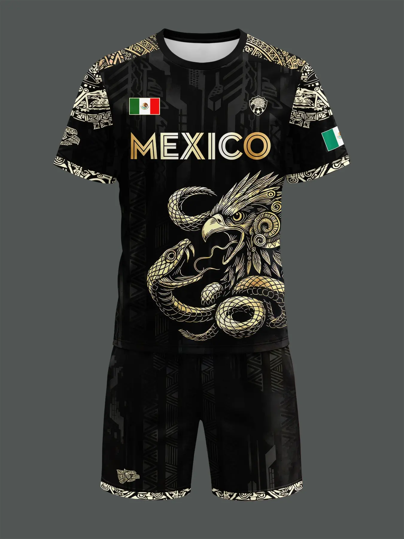 Gold Aztec Eagle Snake Print Soccer Suit, Mexican Theme Men's Sports Set, Casual Slim-Fitting Graphic Pattern, Unlined Top Without Collar, Sportswear For Summer